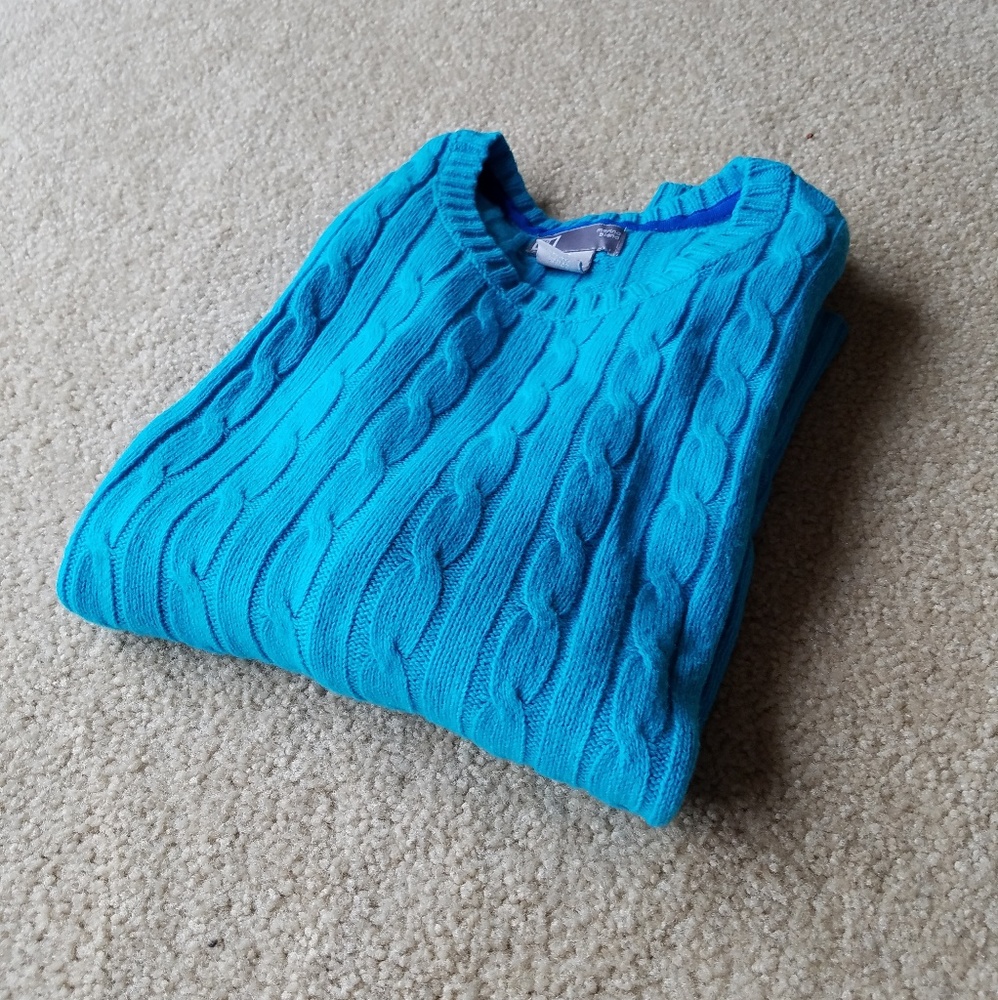 Turquoise Sea Blue Preppy Cable Knit Round-neck Sweater
